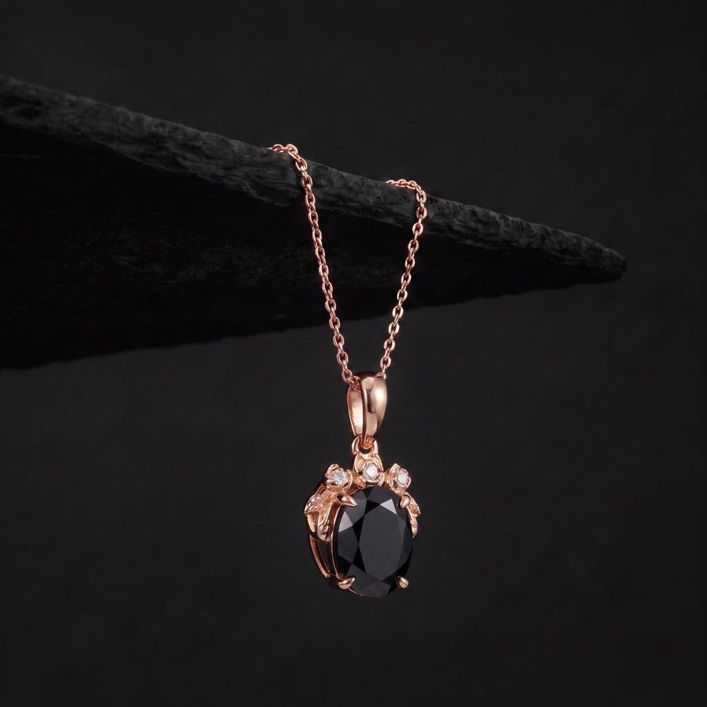 Oval Cut Black Diamond Rose Cluster Pendant Necklace