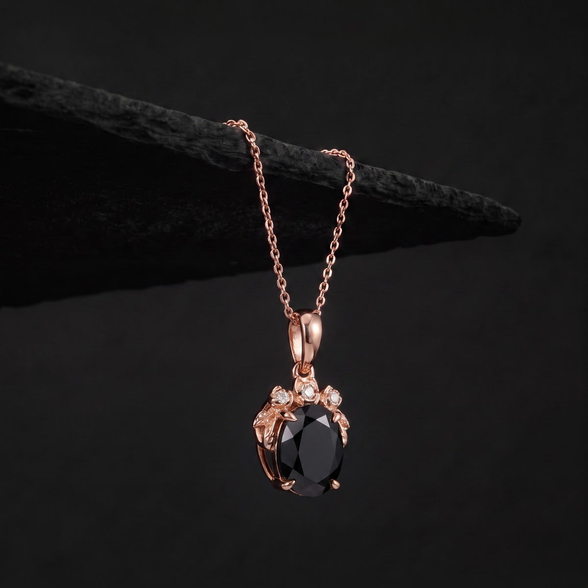 Oval Cut Black Diamond Rose Cluster Pendant Necklace