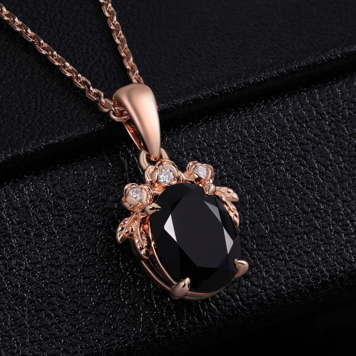 Oval Cut Black Diamond Rose Cluster Pendant Necklace