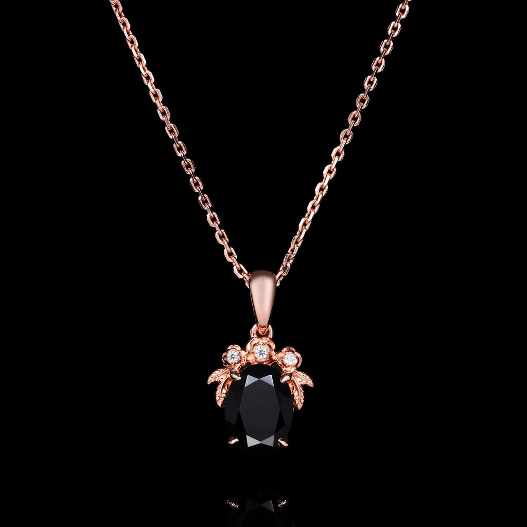 Oval Cut Black Diamond Rose Cluster Pendant Necklace