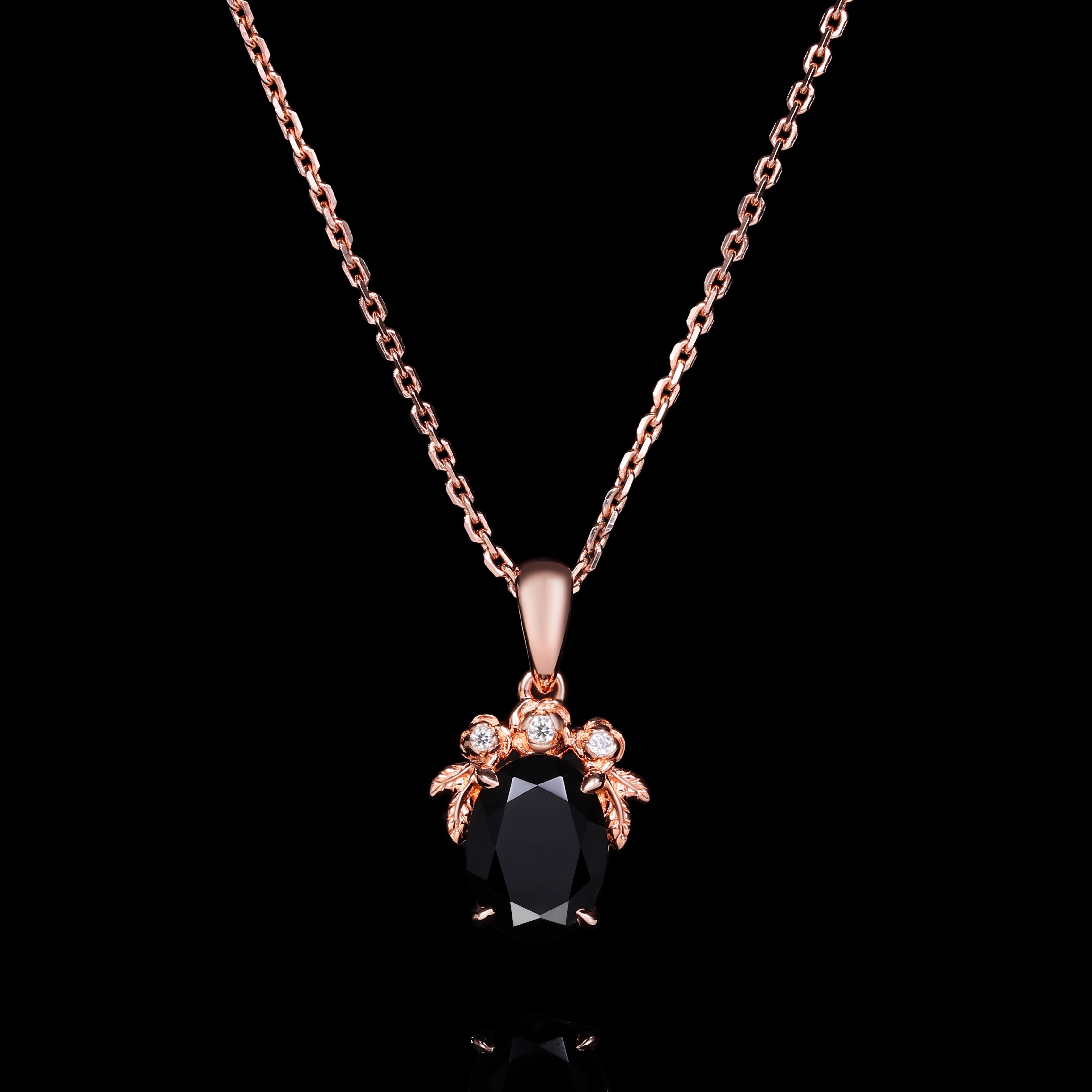 Oval Cut Black Diamond Rose Cluster Pendant Necklace