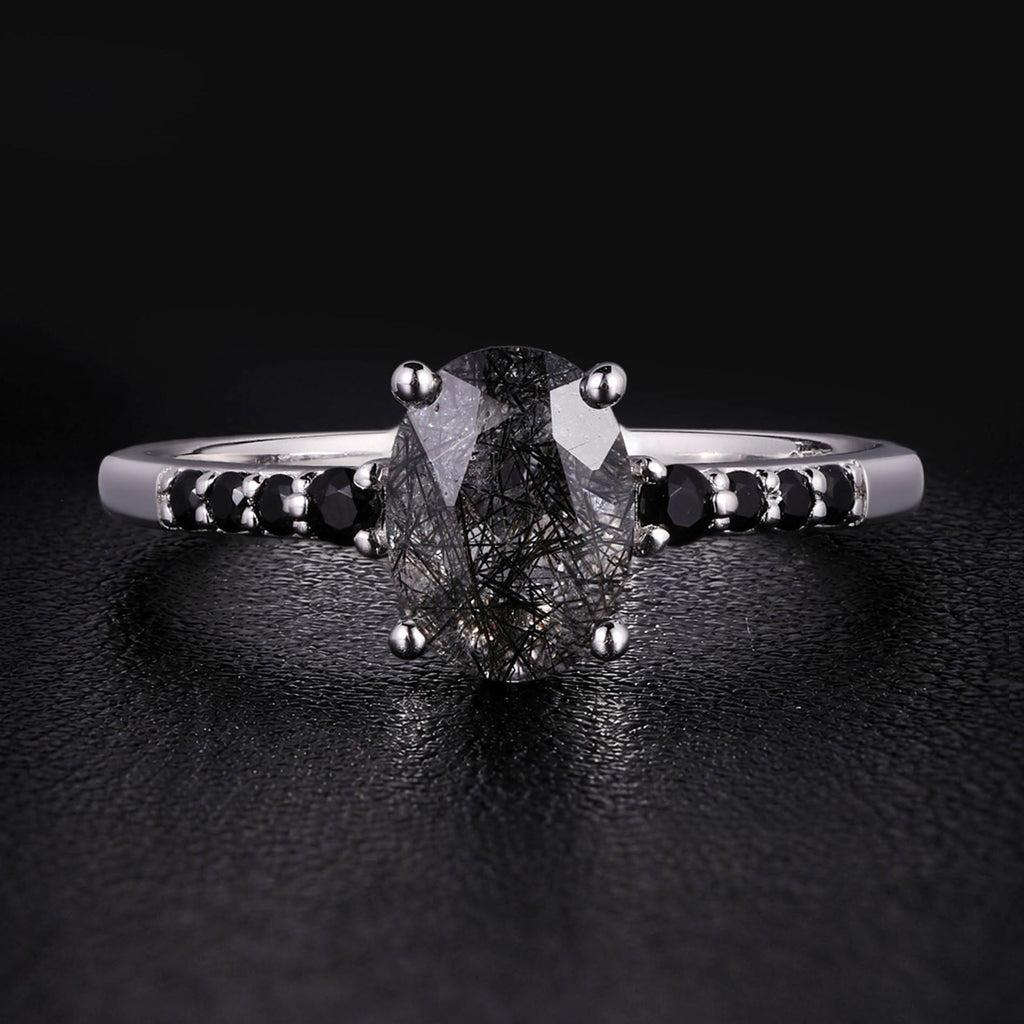 Oval Cut Black Rutilated Quartz Pavé Ring