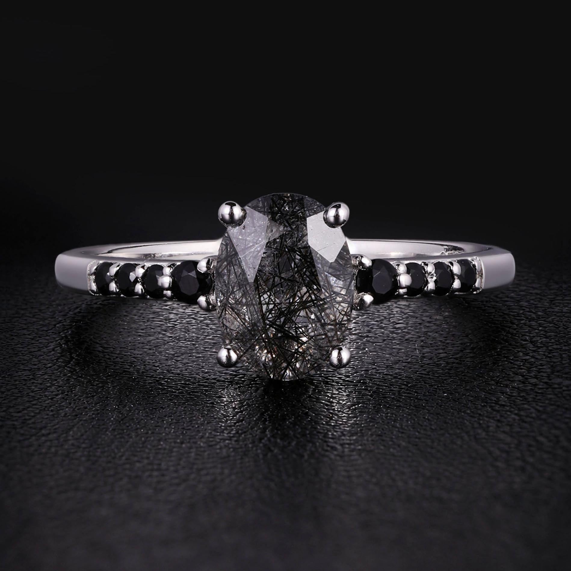 Oval Cut Black Rutilated Quartz Pavé Ring