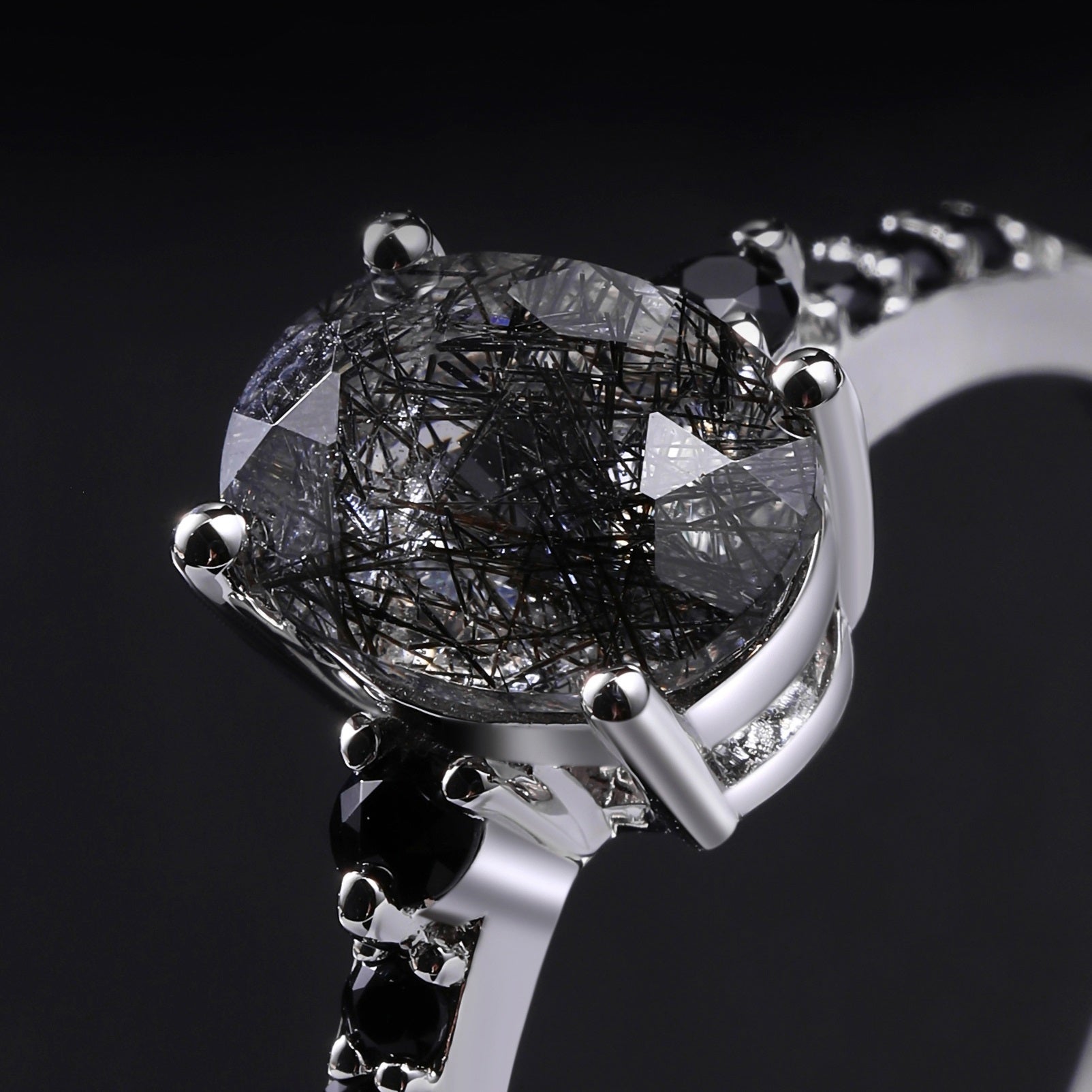 Oval Cut Black Rutilated Quartz Pavé Ring