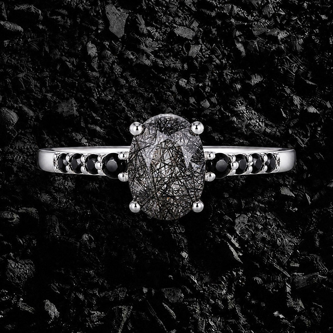 Oval Cut Black Rutilated Quartz Pavé Ring