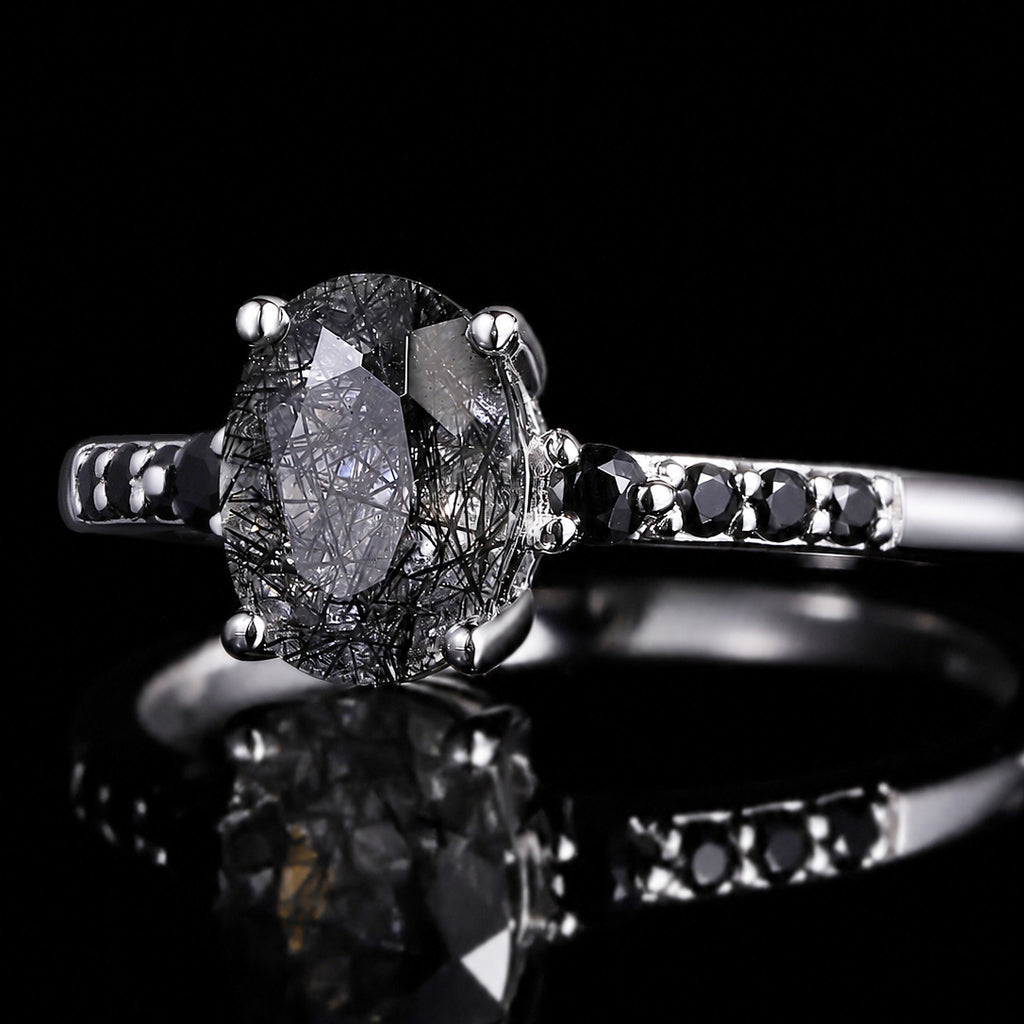 Oval Cut Black Rutilated Quartz Pavé Ring