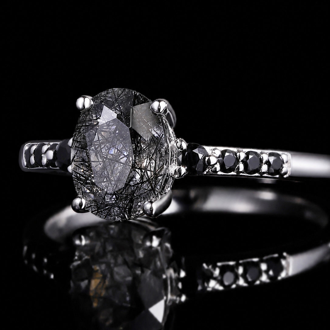 Oval Cut Black Rutilated Quartz Pavé Ring