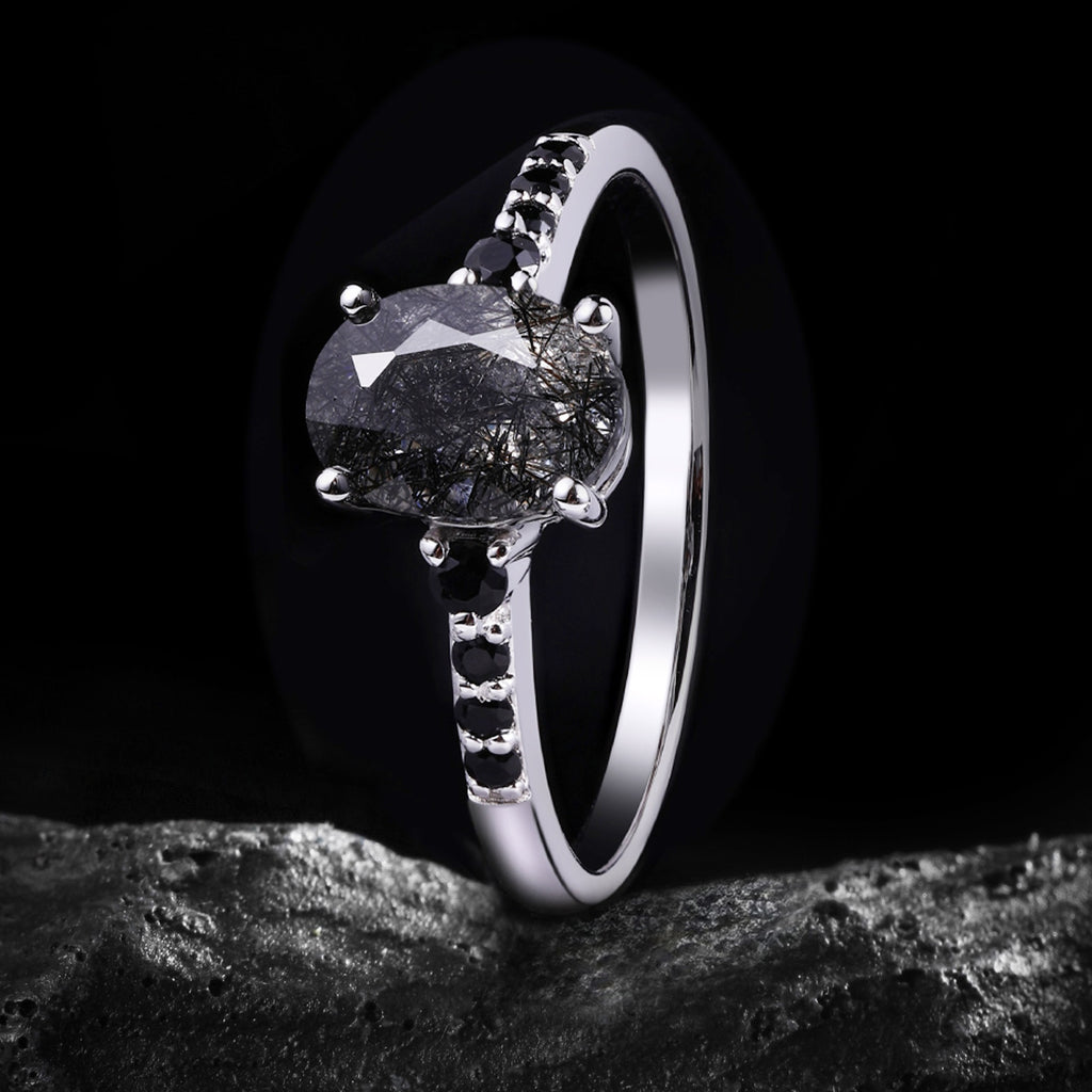 Oval Cut Black Rutilated Quartz Pavé Ring
