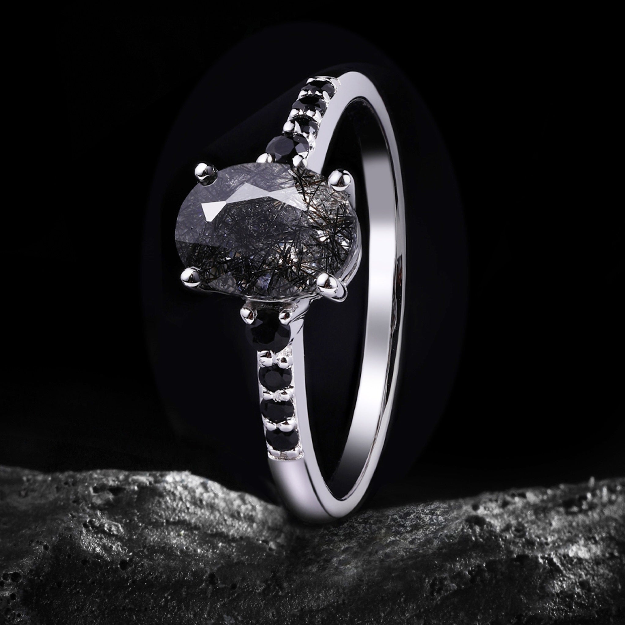 Oval Cut Black Rutilated Quartz Pavé Ring