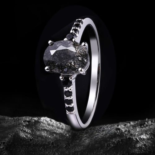 Oval Cut Black Rutilated Quartz Pavé Ring