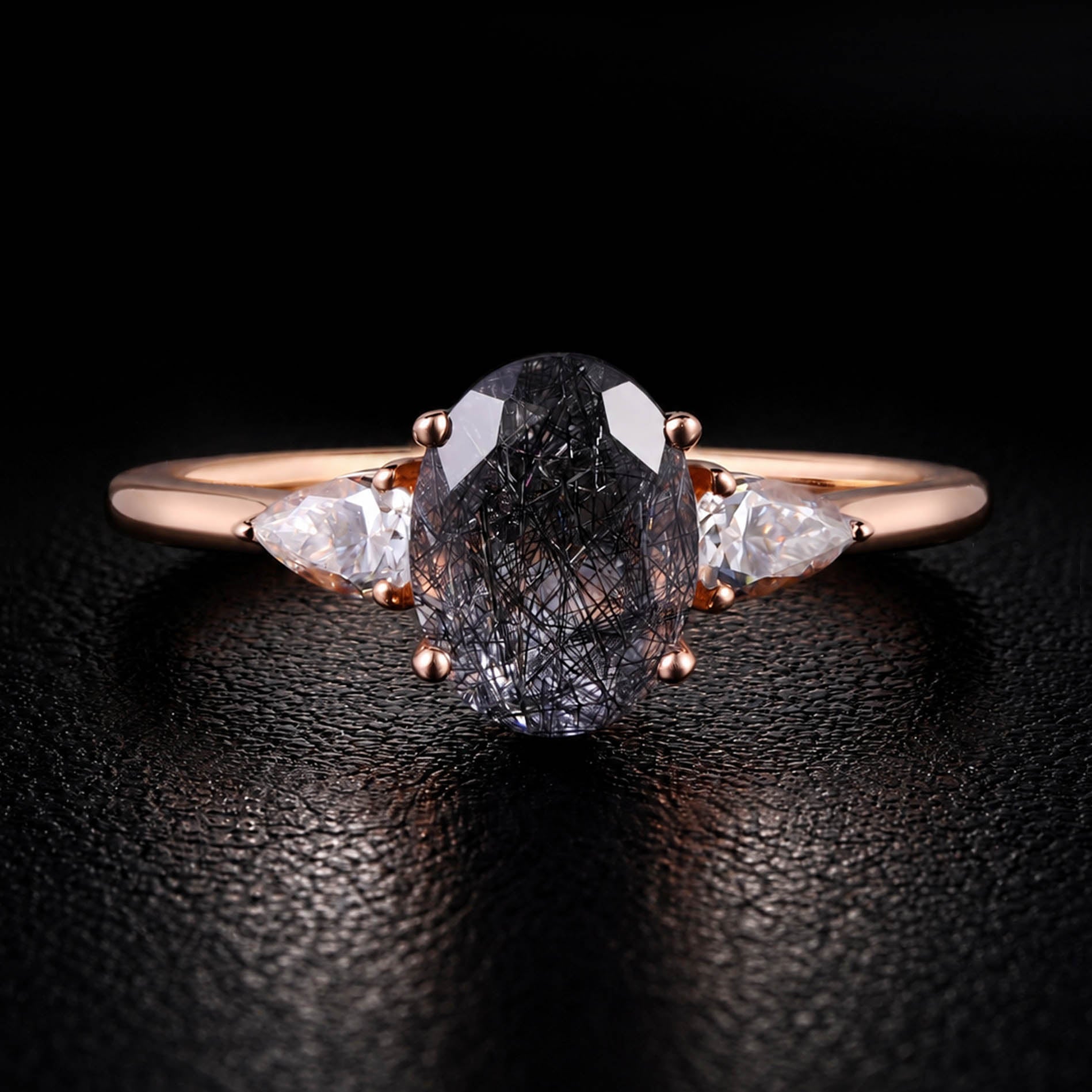 Oval Cut Black Rutilated Quartz Three Stone Minimalist Ring