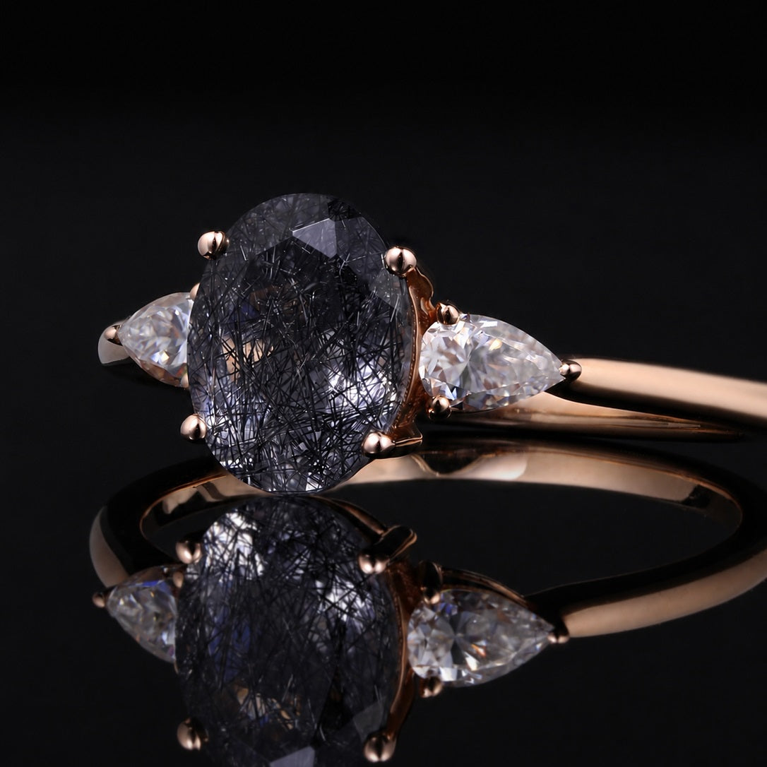 Oval Cut Black Rutilated Quartz Three Stone Minimalist Ring