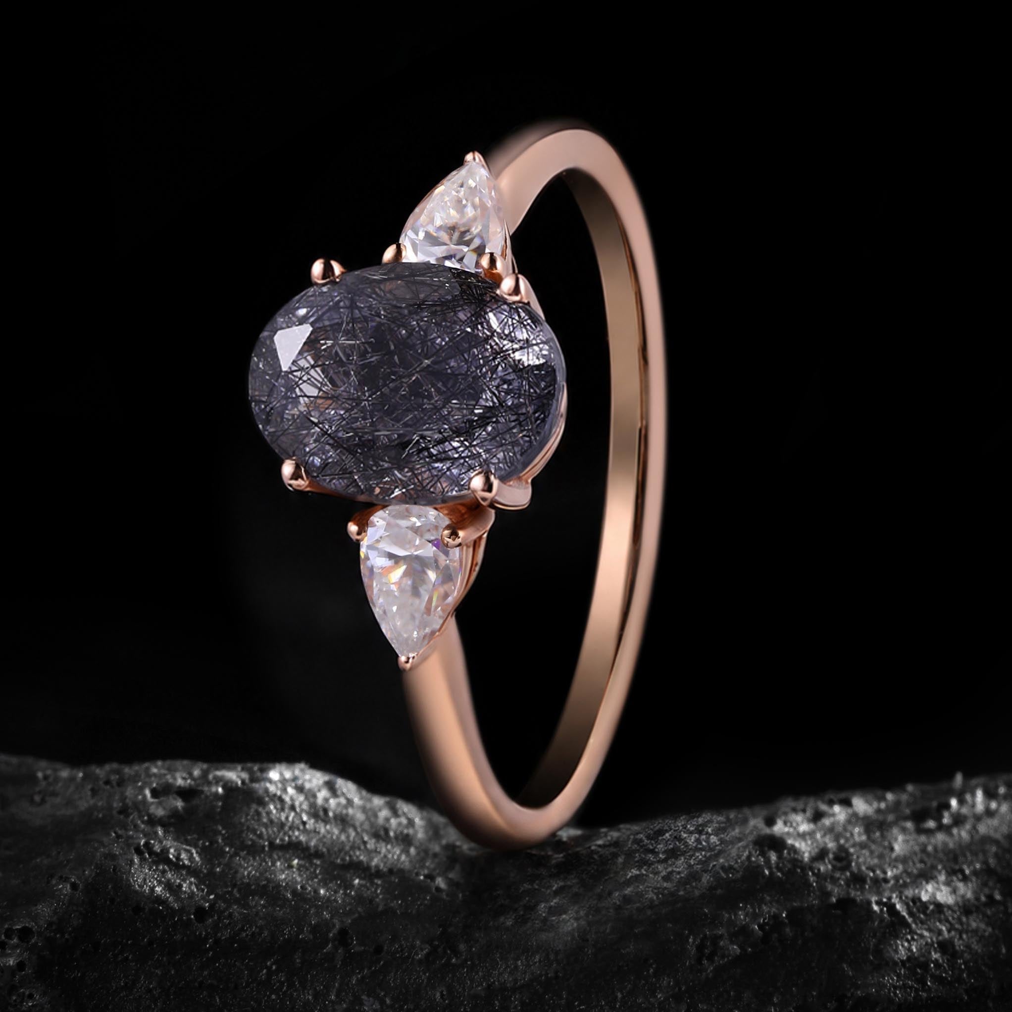Oval Cut Black Rutilated Quartz Three Stone Minimalist Ring