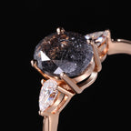 Oval Cut Black Rutilated Quartz Three Stone Minimalist Ring