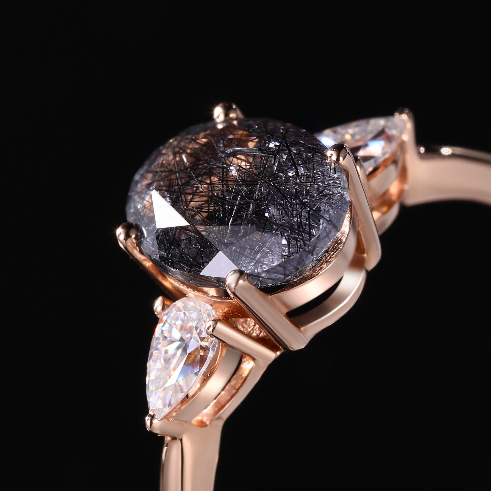 Oval Cut Black Rutilated Quartz Three Stone Minimalist Ring