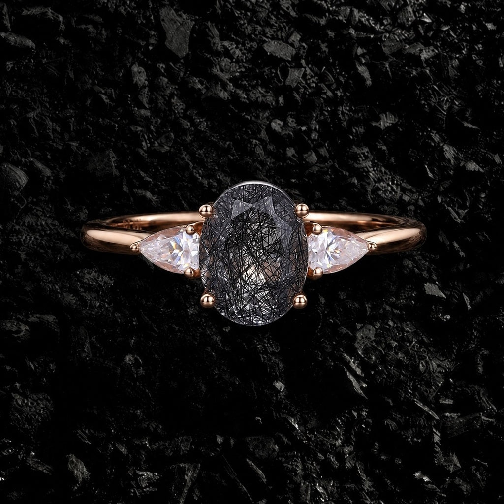 Oval Cut Black Rutilated Quartz Three Stone Minimalist Ring