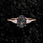 Oval Cut Black Rutilated Quartz Three Stone Minimalist Ring