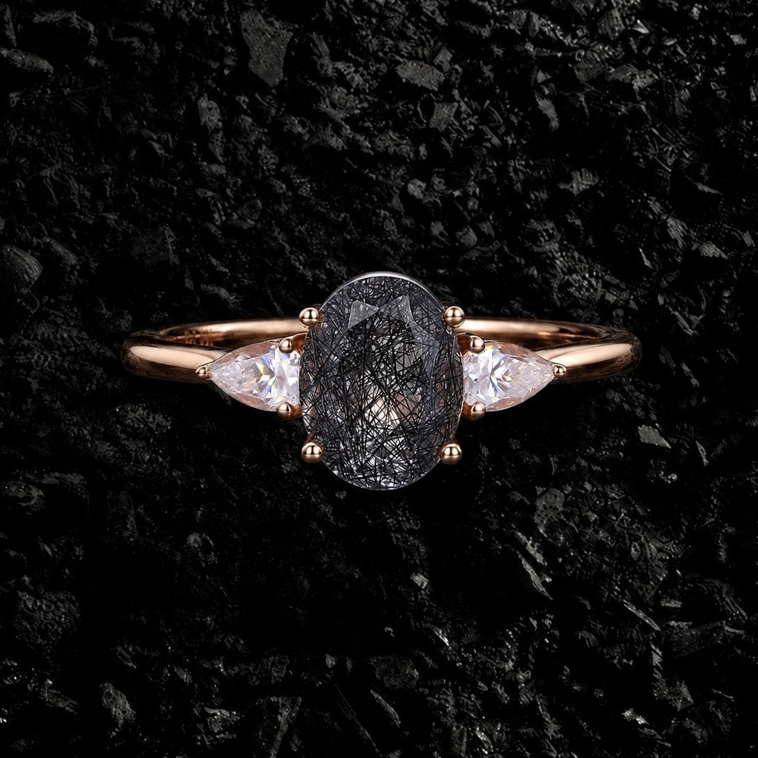 Oval Cut Black Rutilated Quartz Three Stone Minimalist Ring