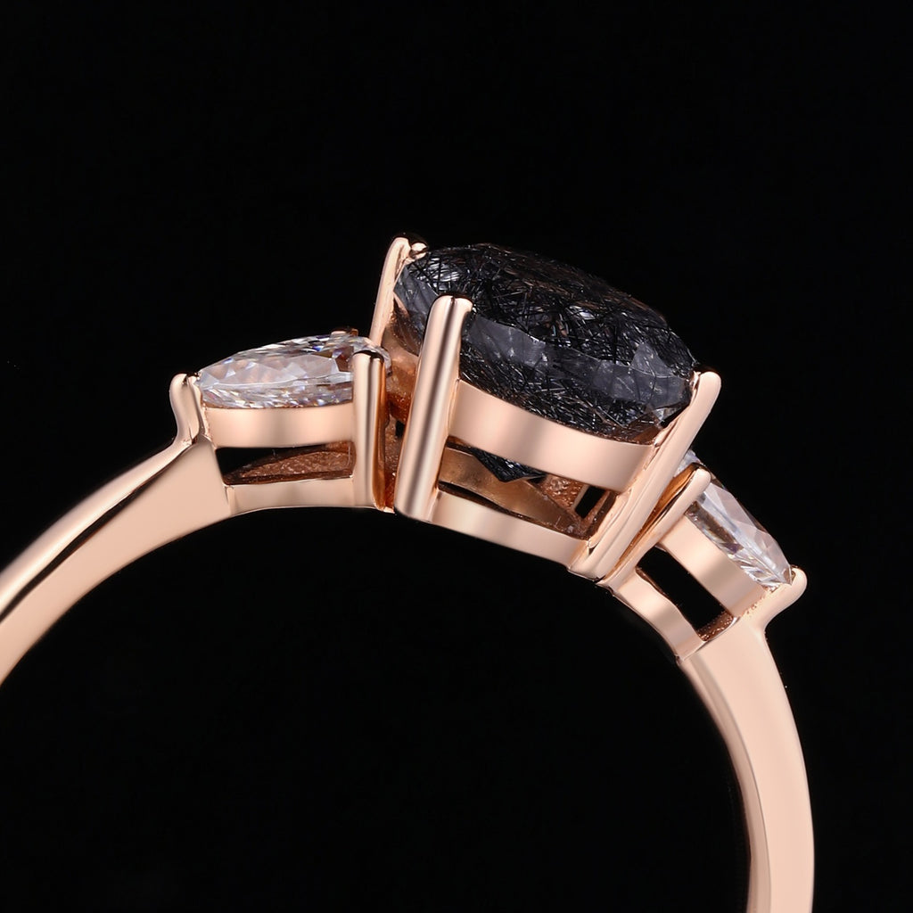 Oval Cut Black Rutilated Quartz Three Stone Minimalist Ring