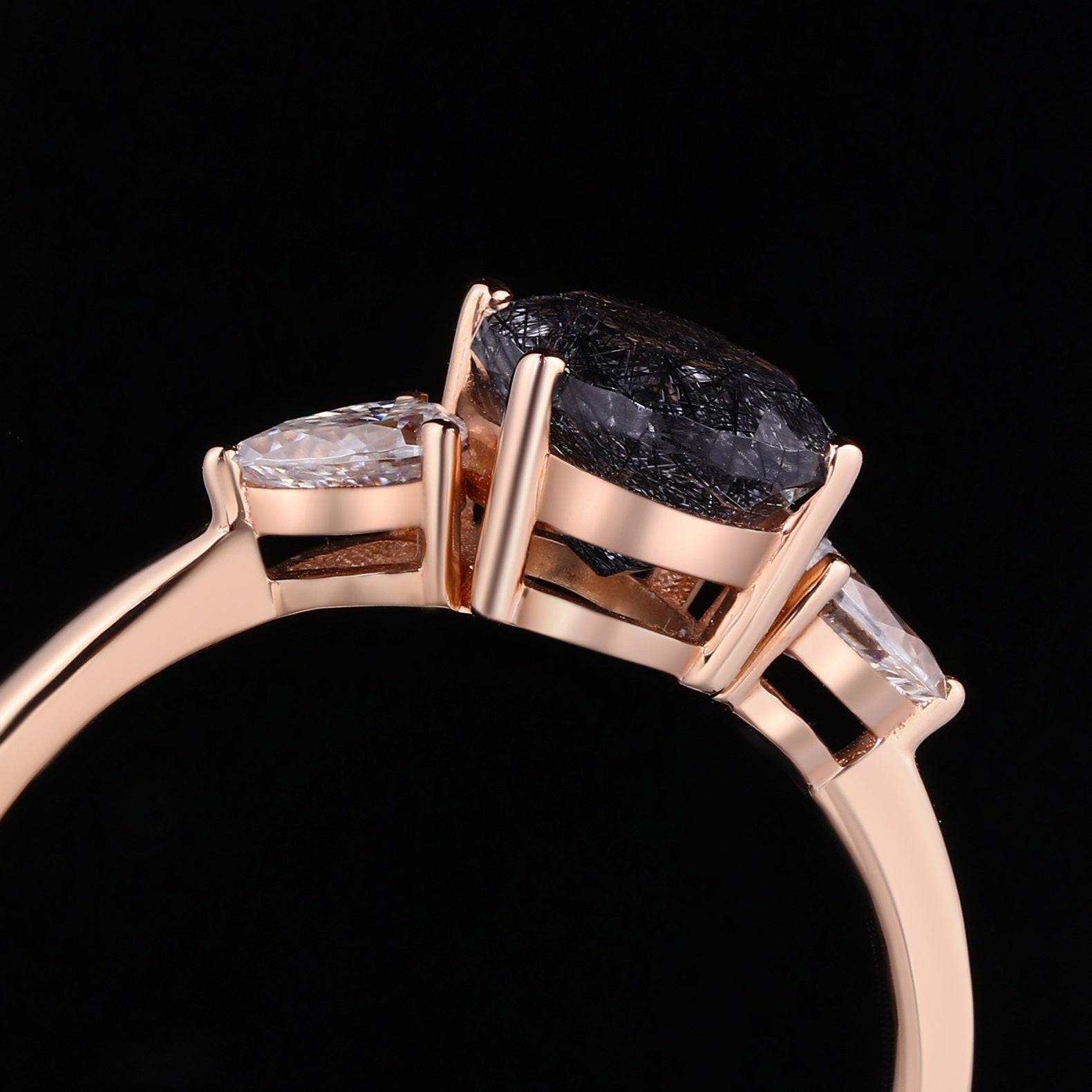 Oval Cut Black Rutilated Quartz Three Stone Minimalist Ring