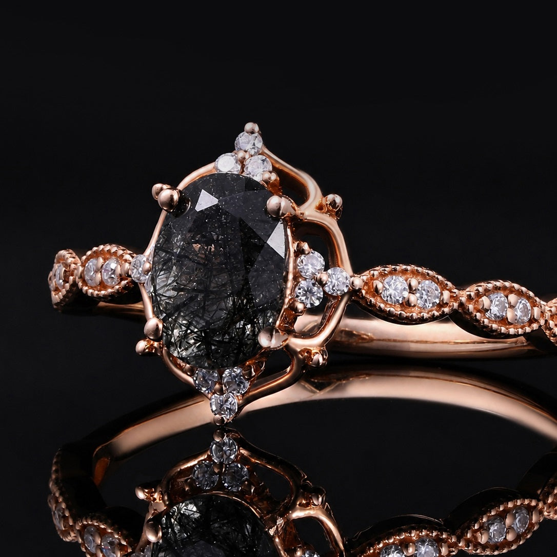 Oval Cut Black Rutilated Quartz Vintage Ring
