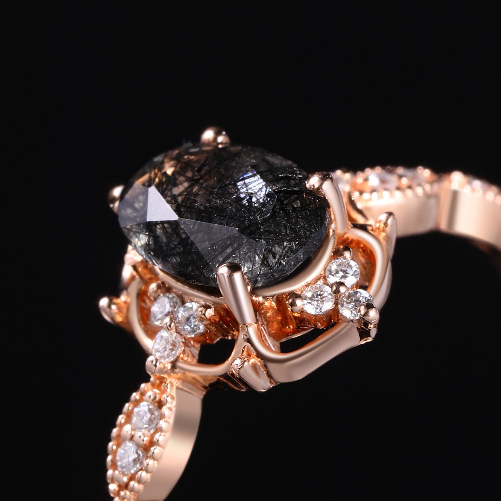 Oval Cut Black Rutilated Quartz Vintage Ring