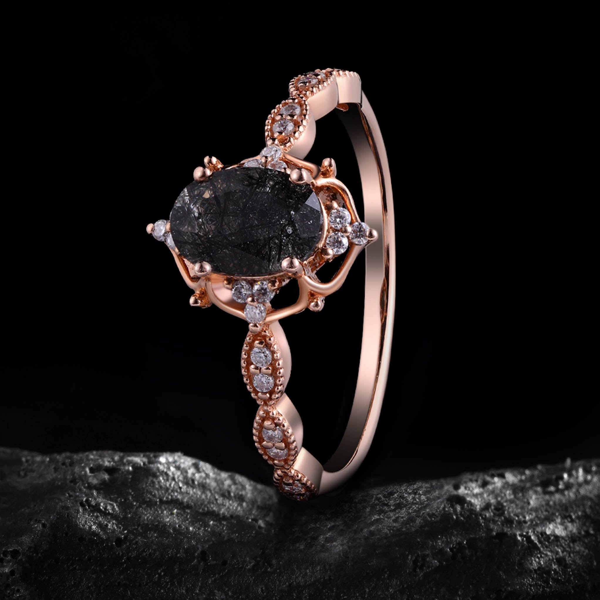 Oval Cut Black Rutilated Quartz Vintage Ring