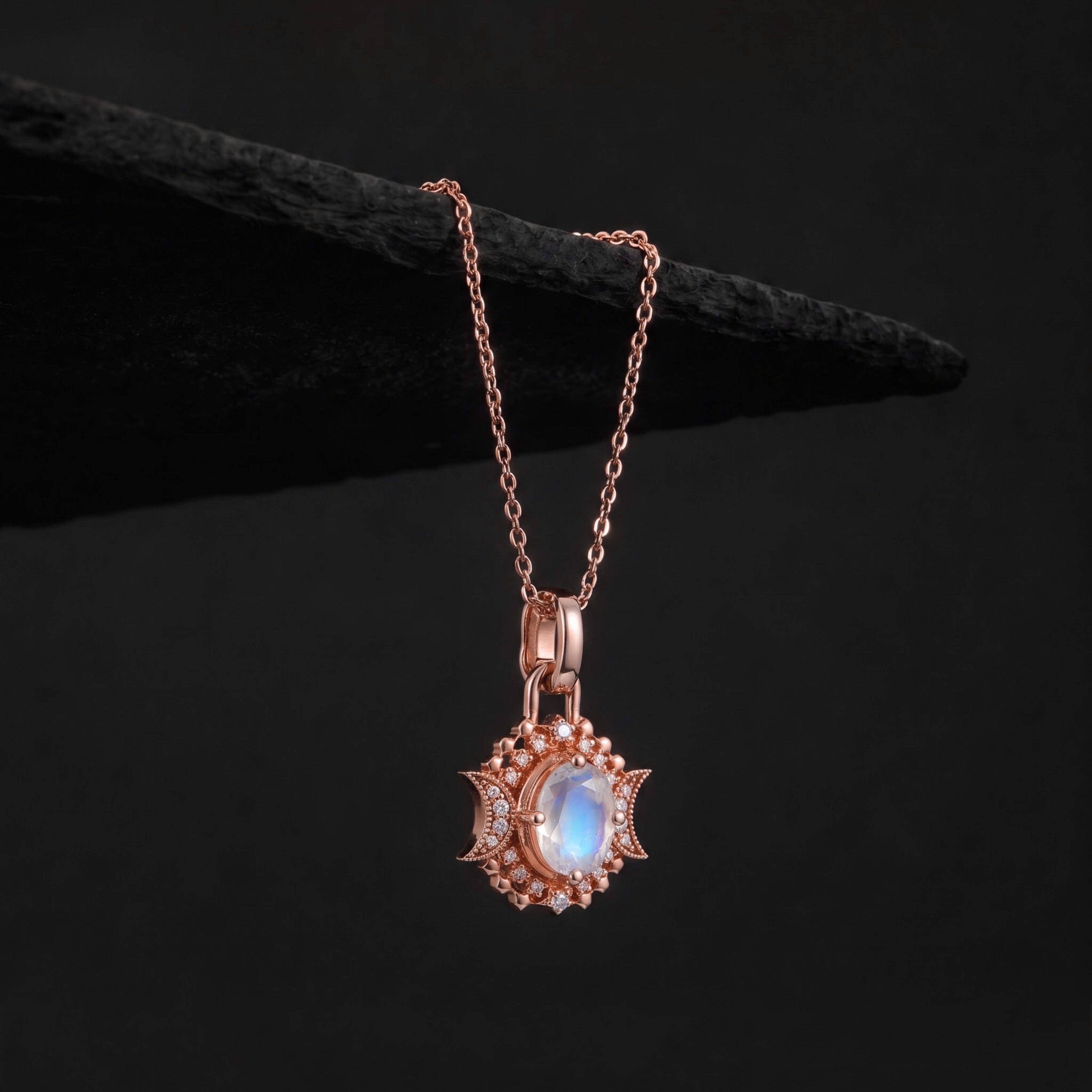 Oval Cut Moonstone Celestial Crescent Pendant Necklace With Lab Diamond Accents