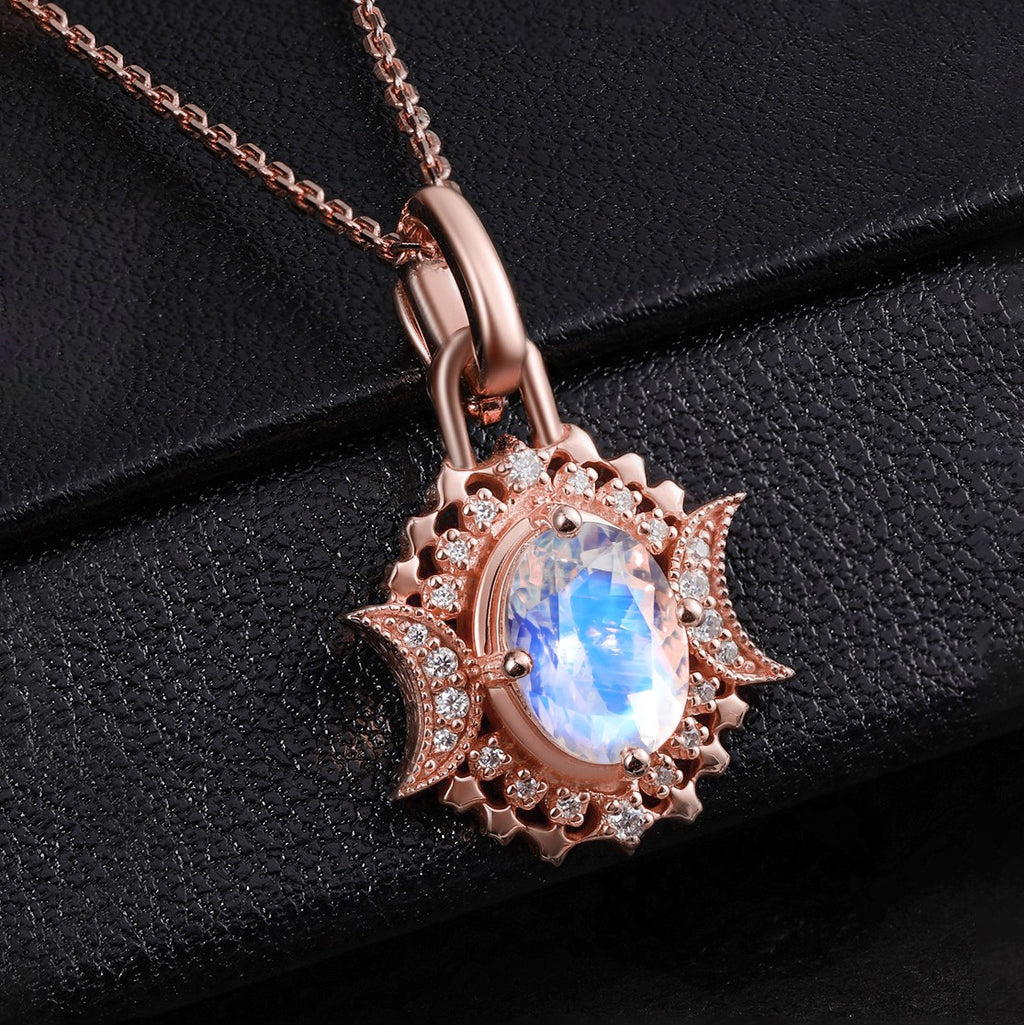 Oval Cut Moonstone Celestial Crescent Pendant Necklace With Lab Diamond Accents