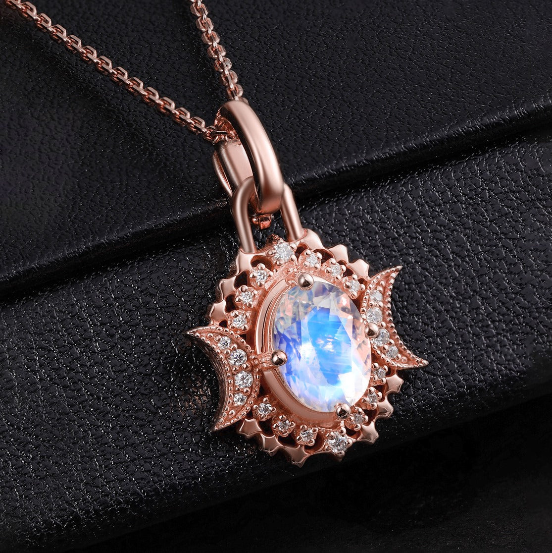 Oval Cut Moonstone Celestial Crescent Pendant Necklace With Lab Diamond Accents
