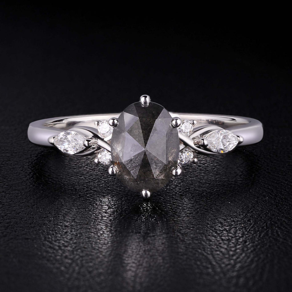 Oval Cut Salt & Pepper Diamond Ring With Lab Diamond Accents