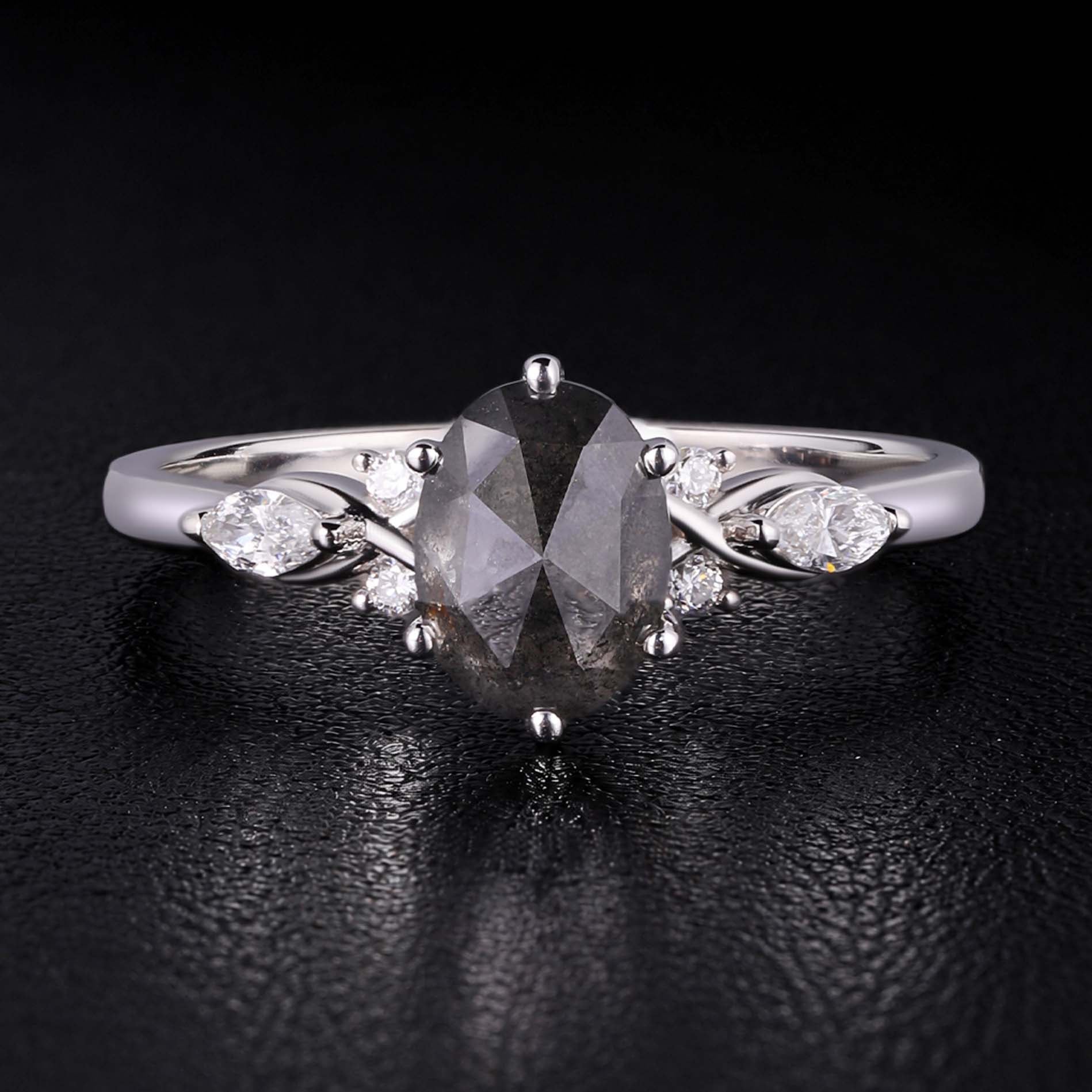 Oval Cut Salt & Pepper Diamond Ring With Lab Diamond Accents