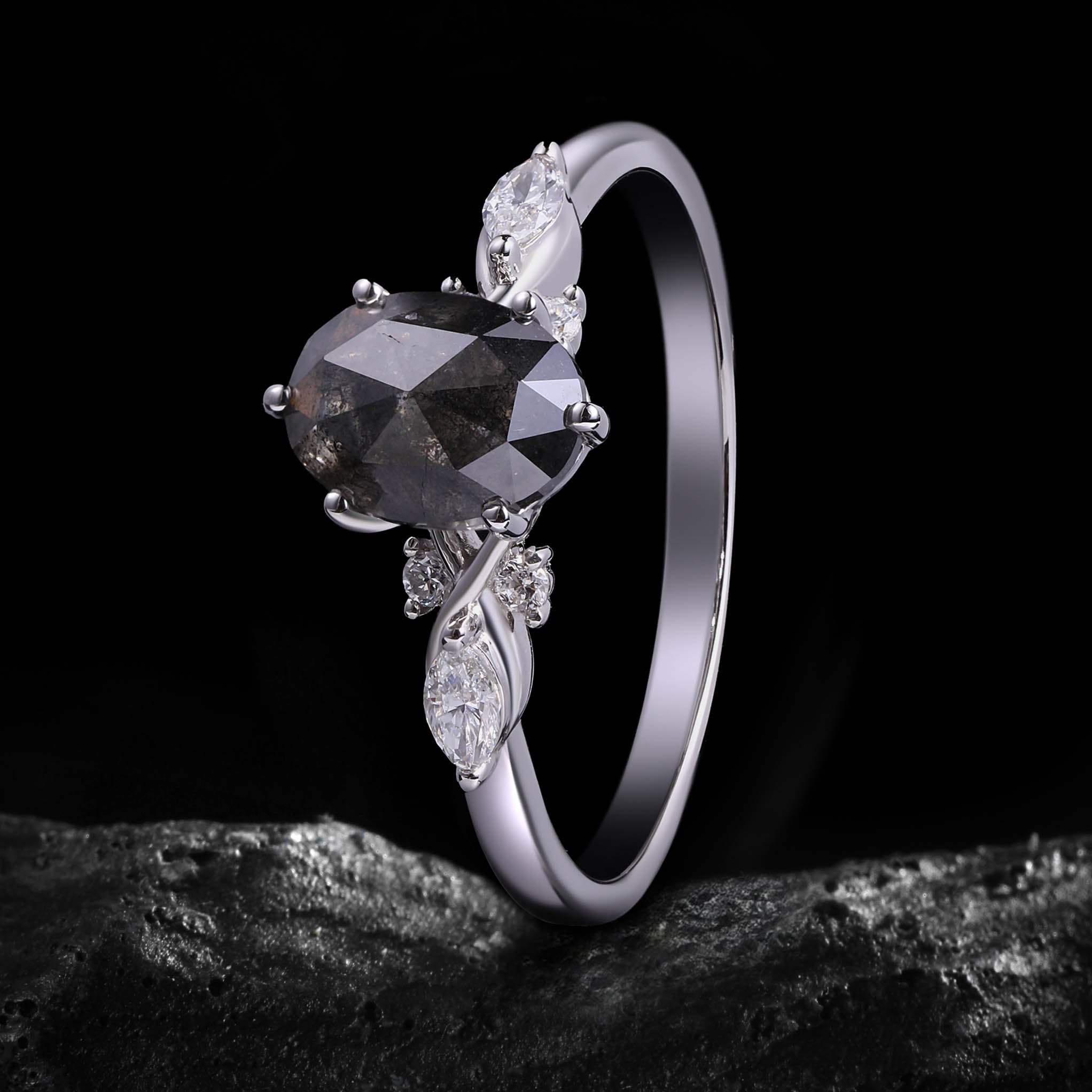 Oval Cut Salt & Pepper Diamond Ring With Lab Diamond Accents