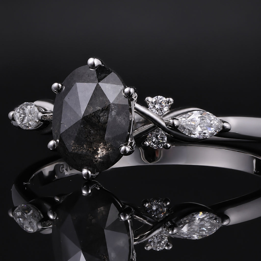 Oval Cut Salt & Pepper Diamond Ring With Lab Diamond Accents