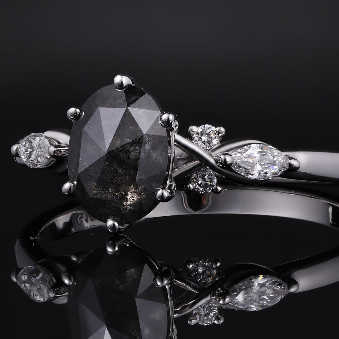 Oval Cut Salt & Pepper Diamond Ring With Lab Diamond Accents