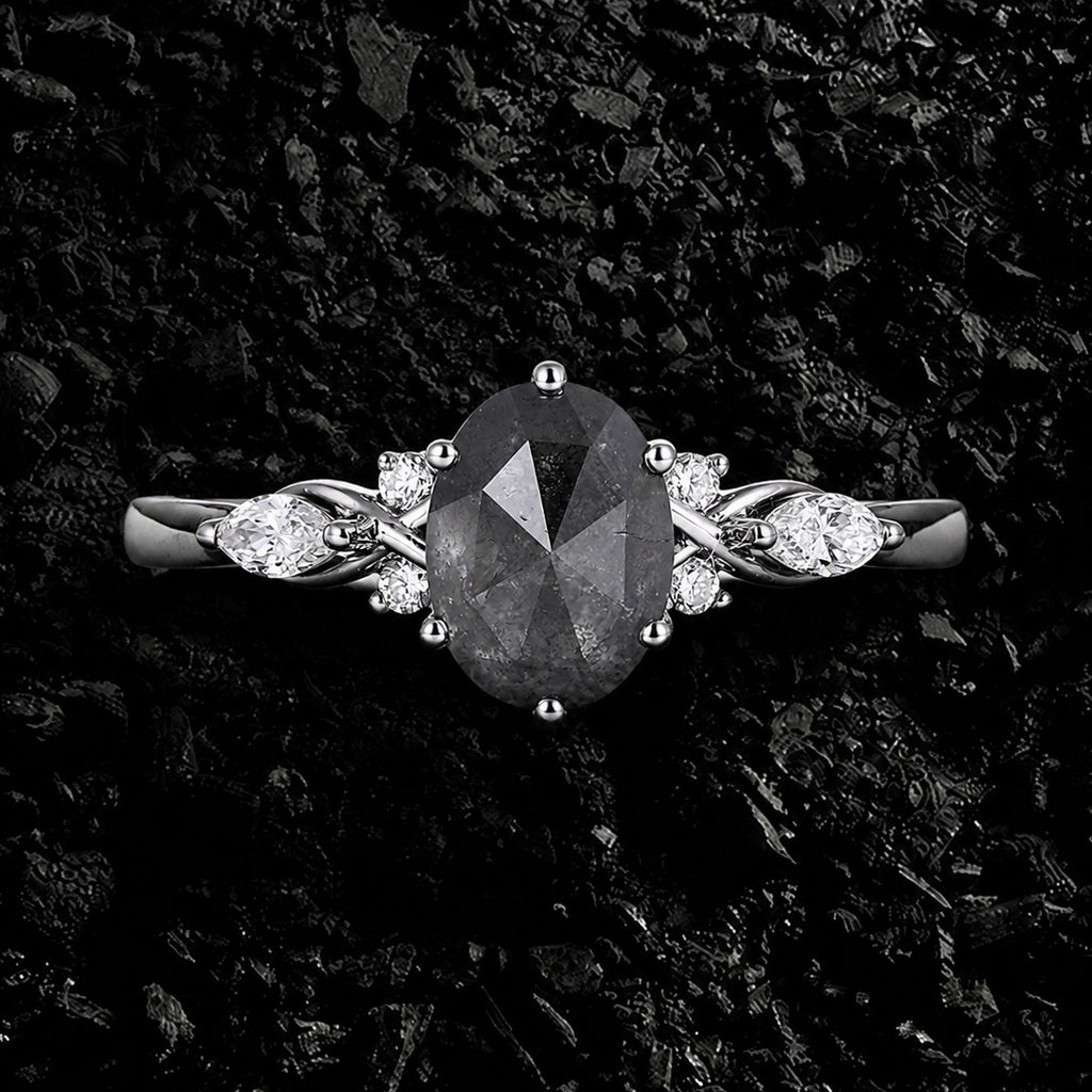 Oval Cut Salt & Pepper Diamond Ring With Lab Diamond Accents