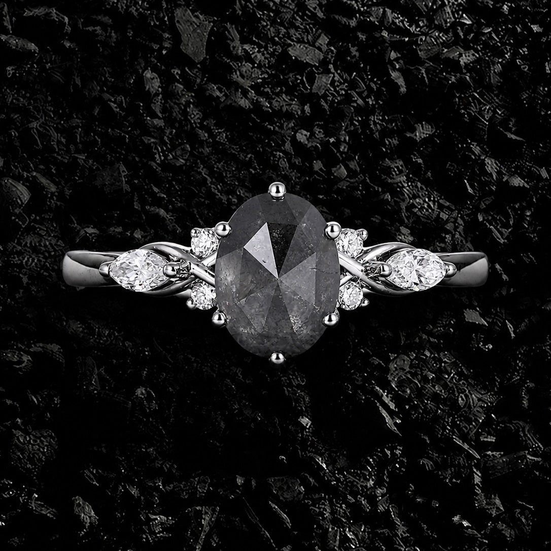 Oval Cut Salt & Pepper Diamond Ring With Lab Diamond Accents