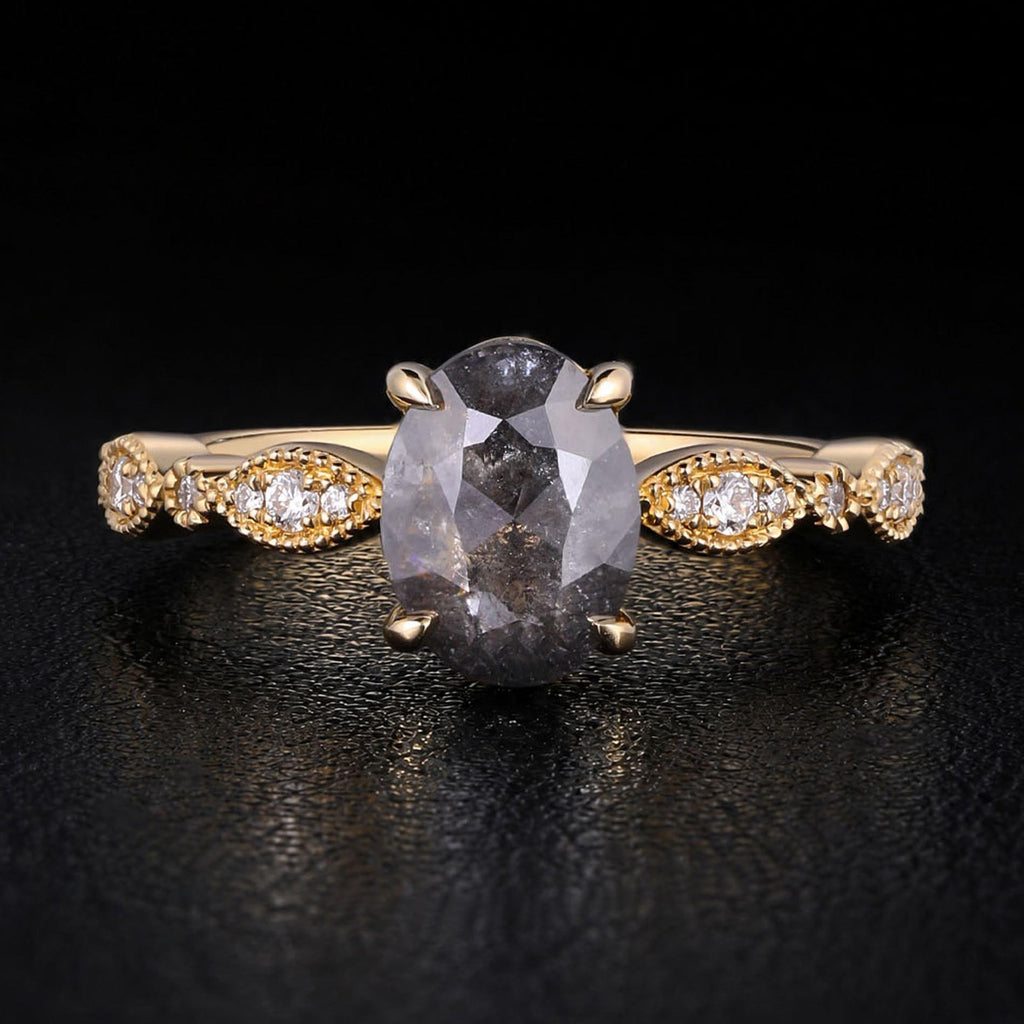 Oval Cut Salt & Pepper Diamond Vintage Ring