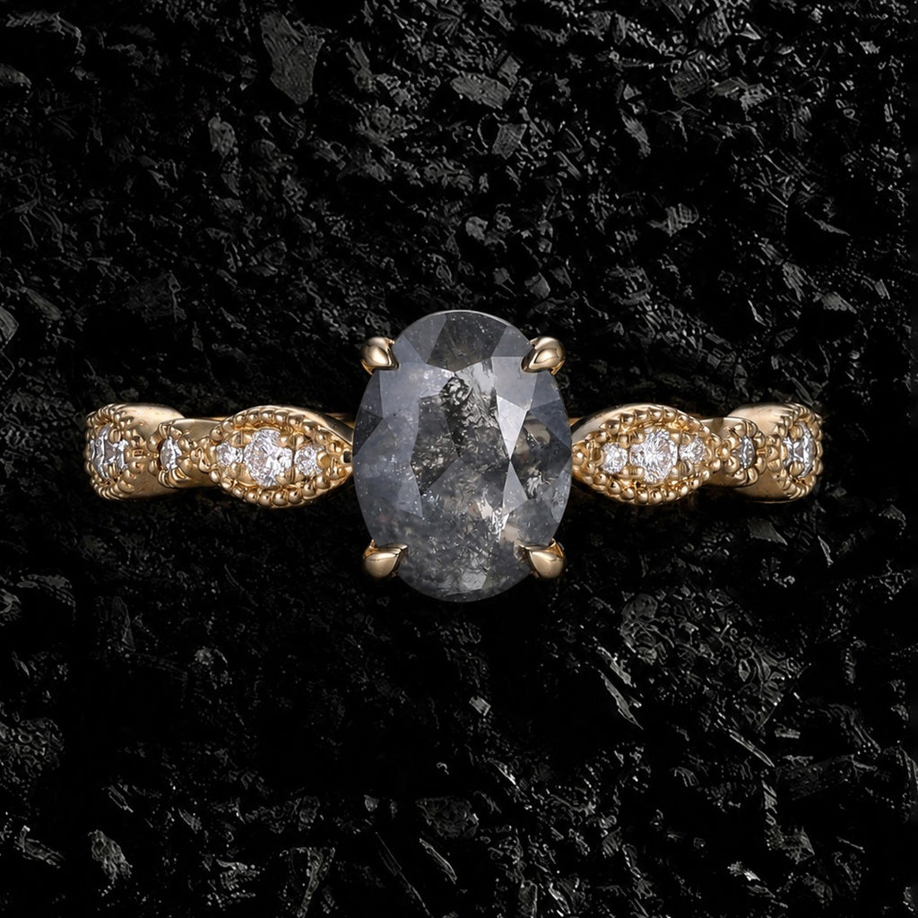Oval Cut Salt & Pepper Diamond Vintage Ring