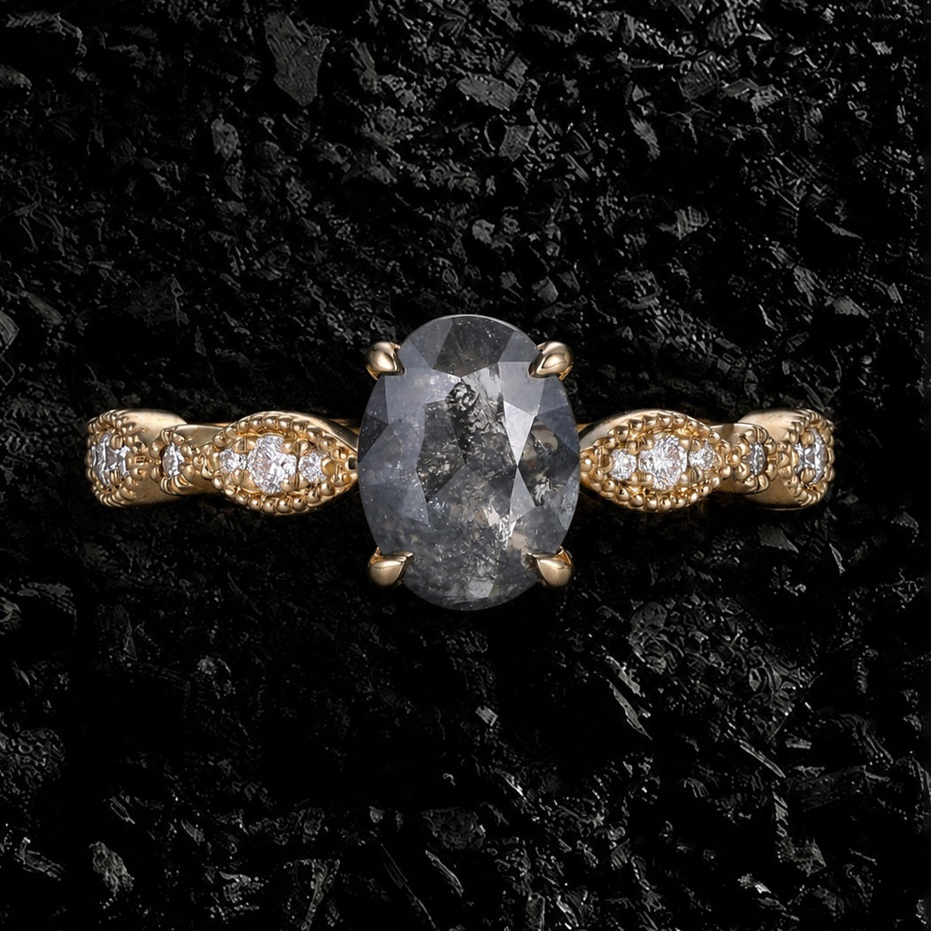 Oval Cut Salt & Pepper Diamond Vintage Ring
