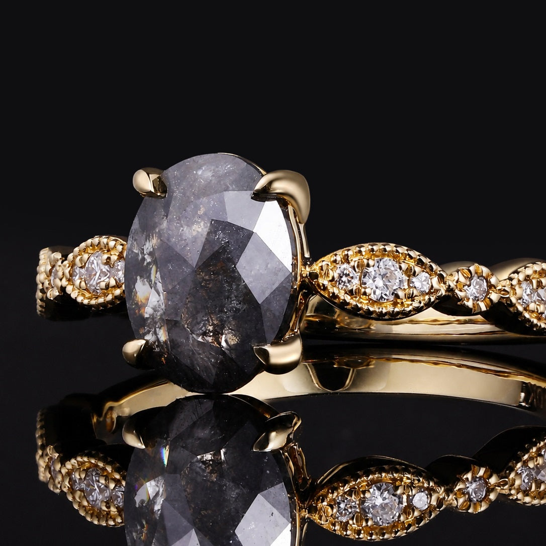 Oval Cut Salt & Pepper Diamond Vintage Ring