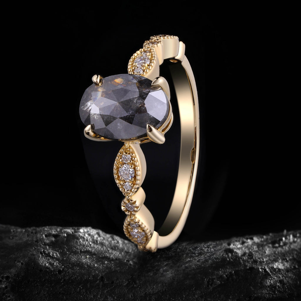 Oval Cut Salt & Pepper Diamond Vintage Ring