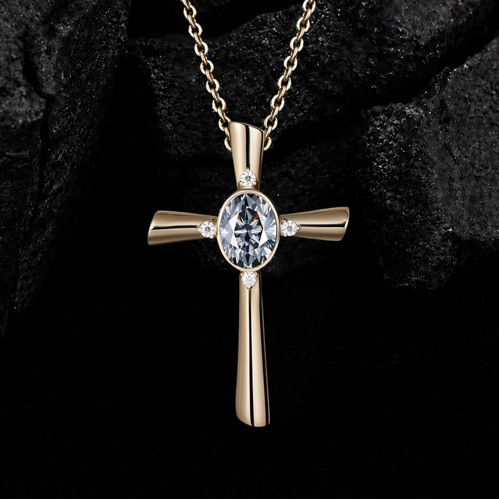 Oval Cut Gray Moissanite Vintage Cross Pendant Necklace With Lab Diamond Accents