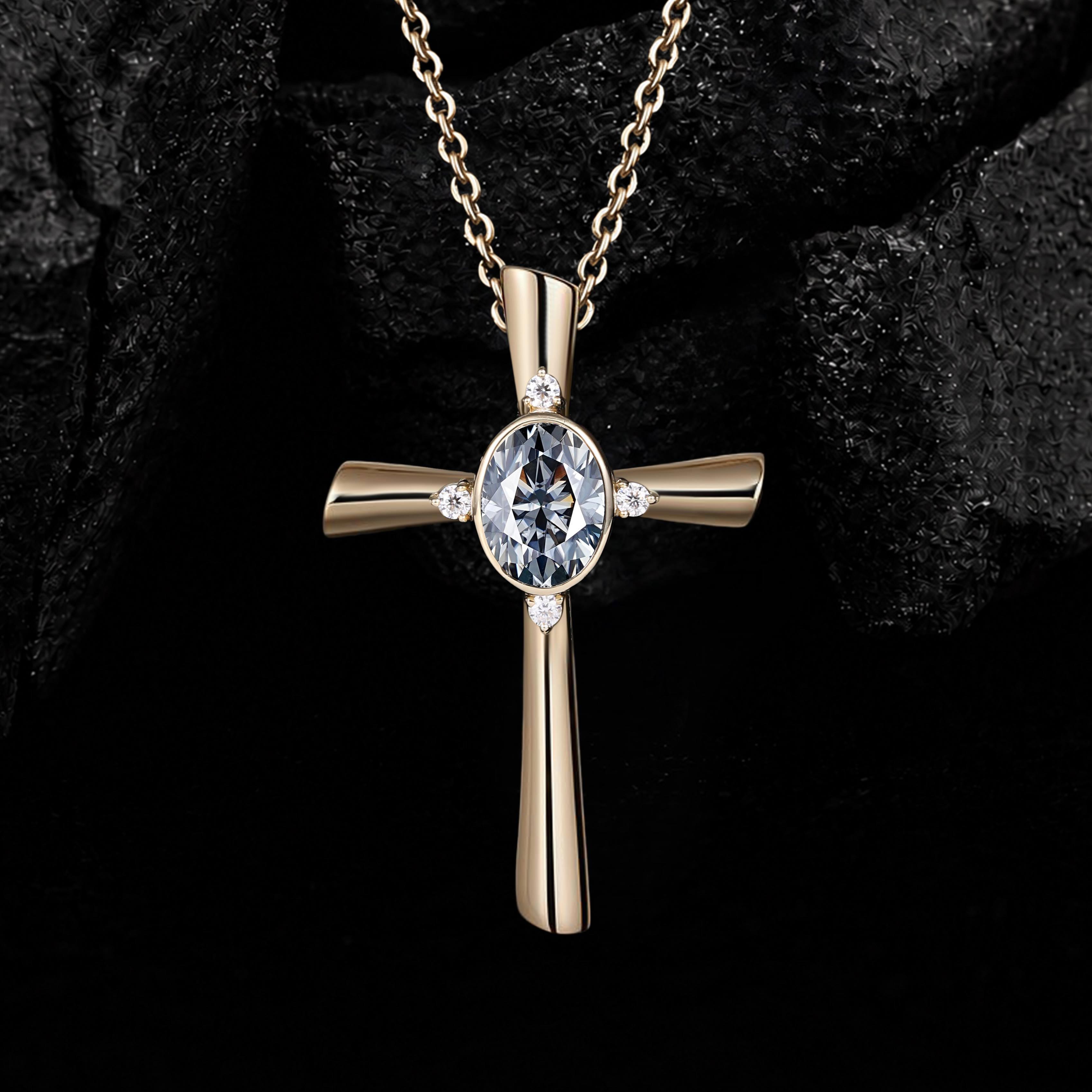 Oval Cut Gray Moissanite Vintage Cross Pendant Necklace With Lab Diamond Accents