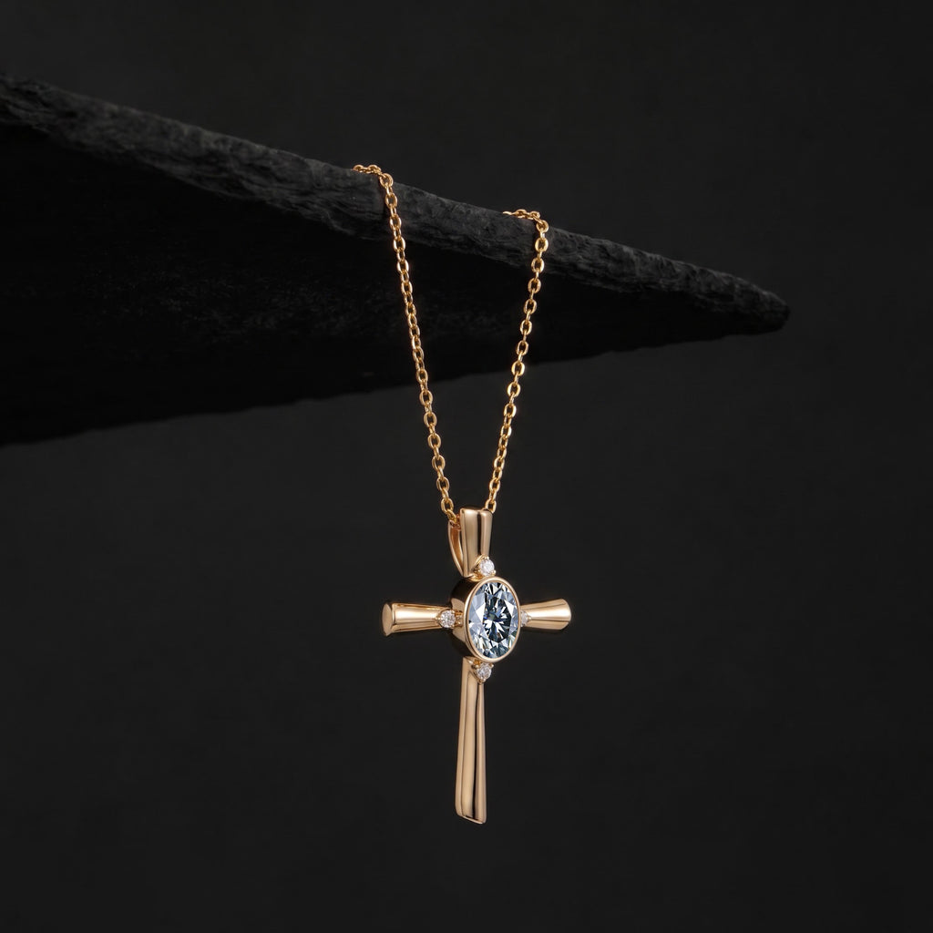 Oval Cut Gray Moissanite Vintage Cross Pendant Necklace With Lab Diamond Accents
