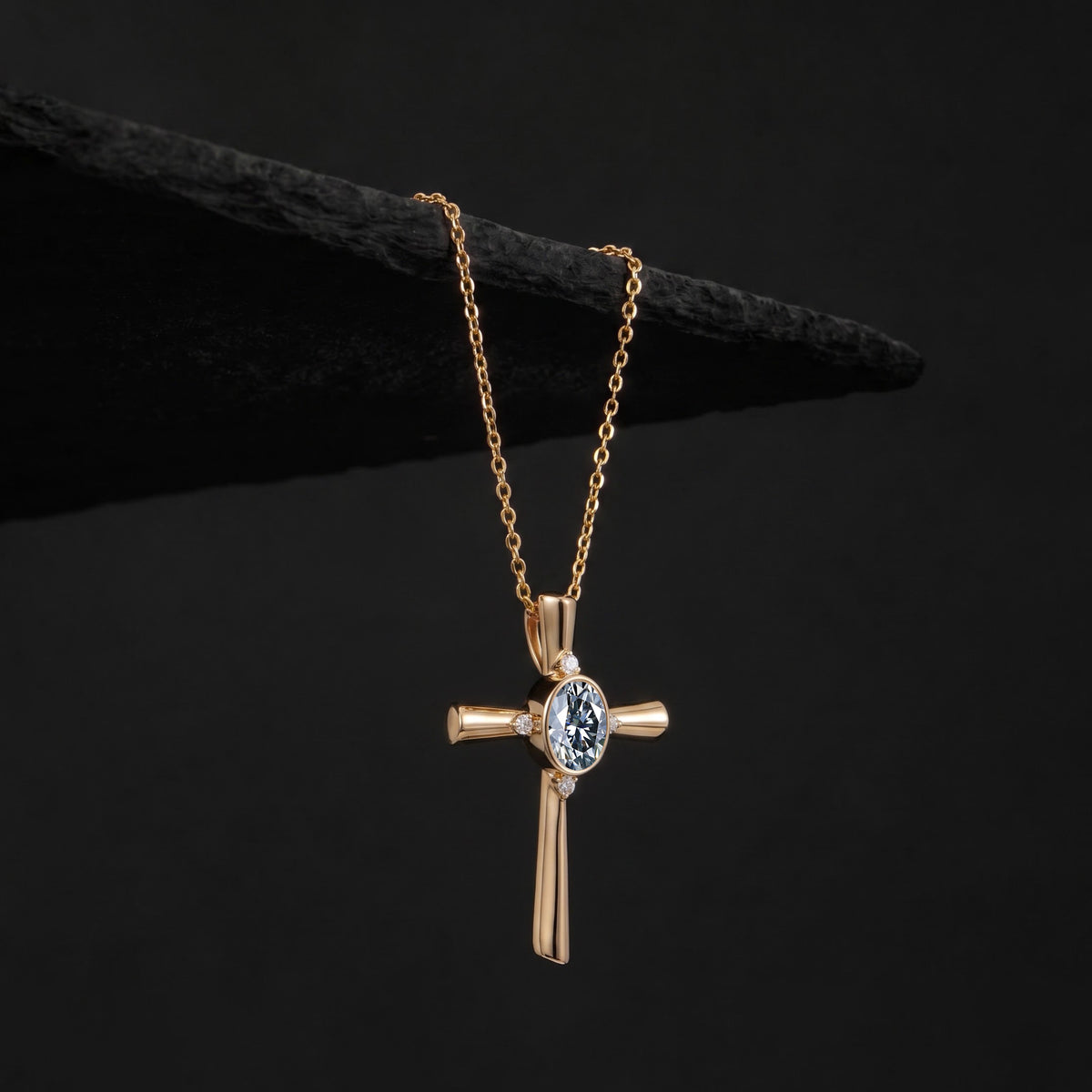 Oval Cut Gray Moissanite Vintage Cross Pendant Necklace With Lab Diamond Accents