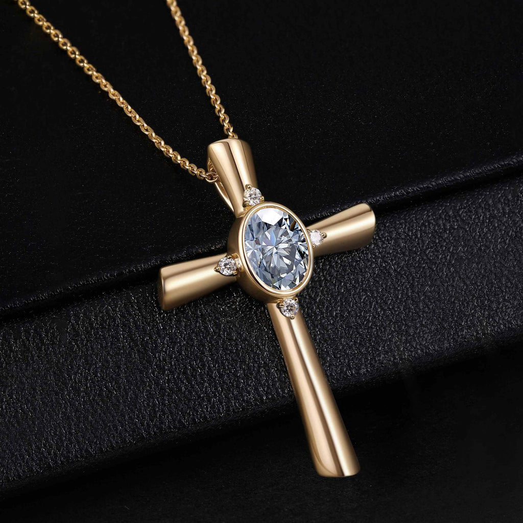 Oval Cut Gray Moissanite Vintage Cross Pendant Necklace With Lab Diamond Accents