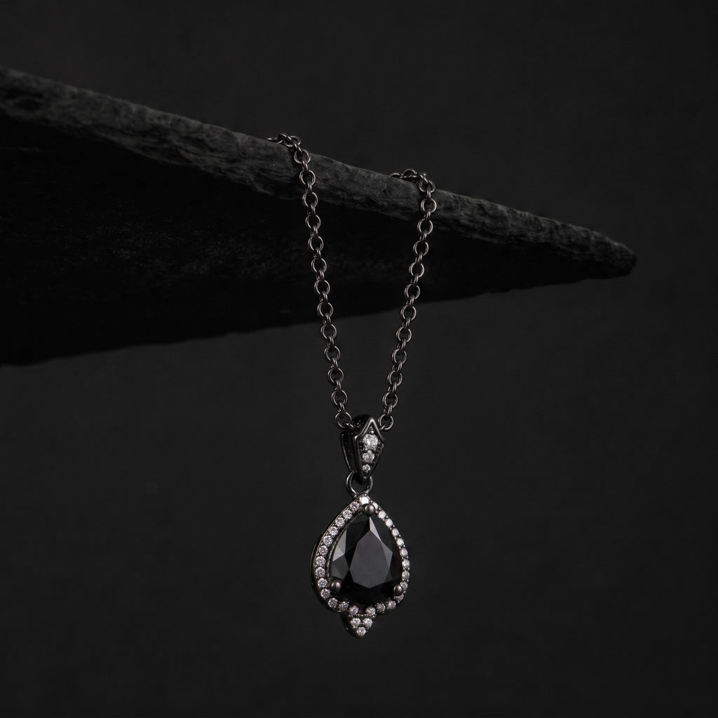 Pear Cut Black Diamond Halo Gothic Pendant Necklace