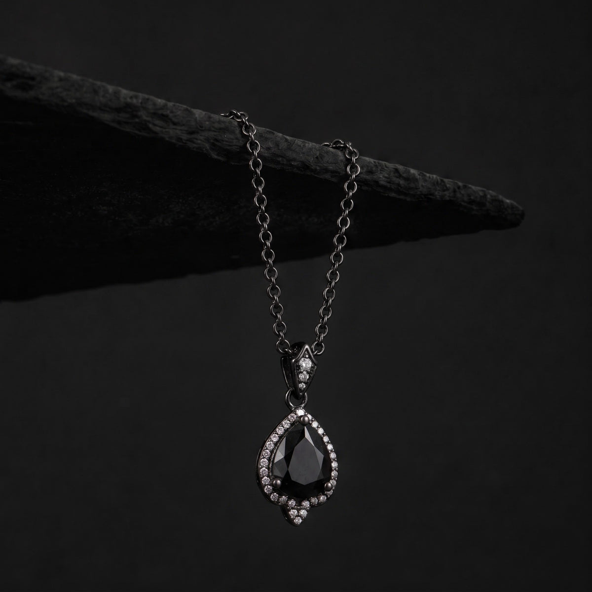 Pear Cut Black Diamond Halo Gothic Pendant Necklace