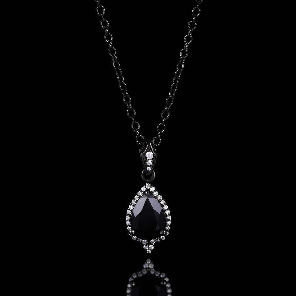 Pear Cut Black Diamond Halo Gothic Pendant Necklace